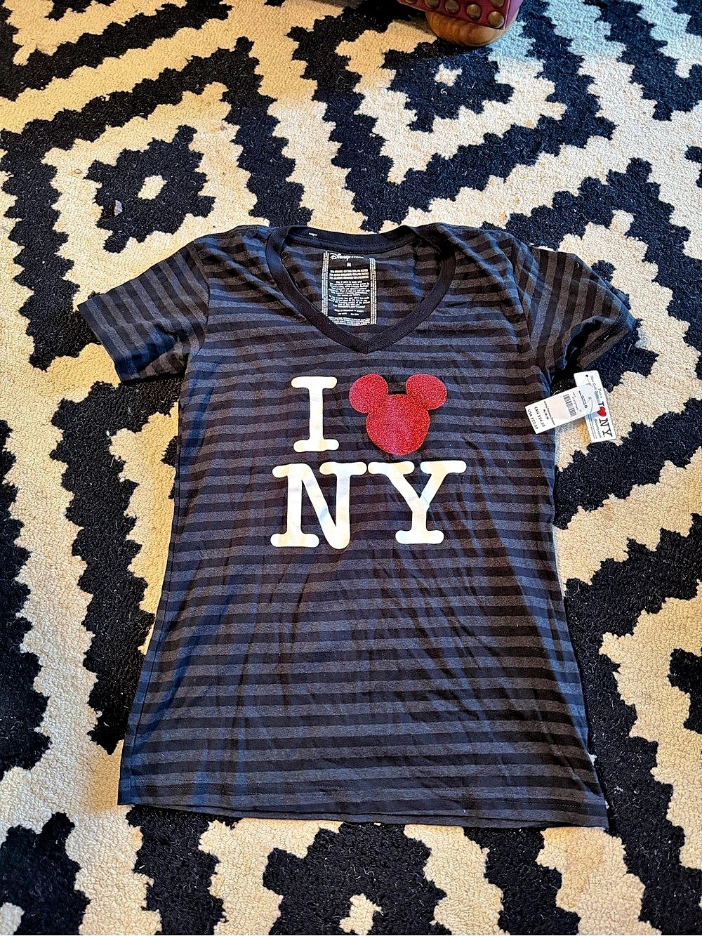 Disney Store I Love NY Mickey Mouse Striped Tee Black & Blue ladies Medium
